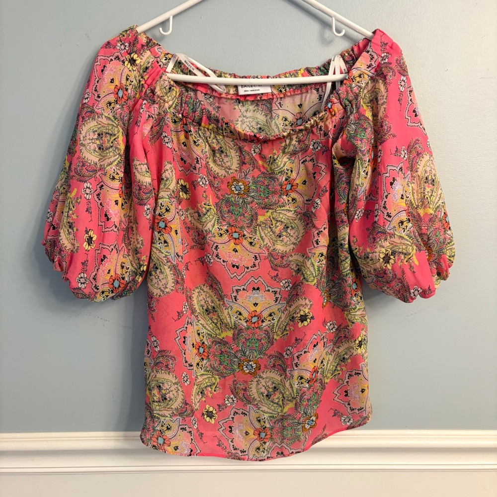Boho Pink Paisley Off The Shoulder Puff Sleeve Blouse Whimsical Shirt Top Small